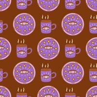 Seamless pattern. Purple cup and plate with third eye. Vector