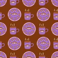 Seamless pattern. Purple cup and plate with third eye. Vector