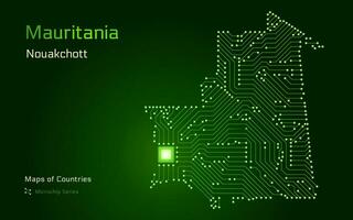 Mauritania Green Map with a capital of Nouakchott Shown in a Microchip Pattern. E-government. World Countries vector maps. Microchip Series