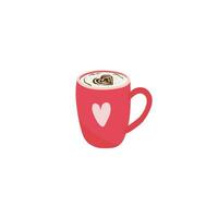 A cup of cappuccino with heart shape foam cream flat vector illustration isolated on white background. Element for Valentine's day concept. Doodles clip art in cartoon style. Happy Valentine's day.