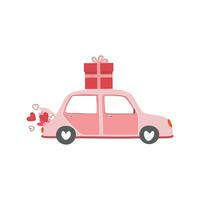 A car with hearts in car trunk and a gift on top vector illustration isolated on white background. Element for Valentine's day concept. Doodles clip art in cartoon style. Happy Valentine's day.