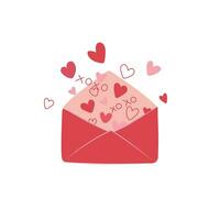 An envelope containing hearts flat vector illustration isolated on white background. Element for Valentine's day concept. Doodles clip art in cartoon style. Happy Valentine's day.