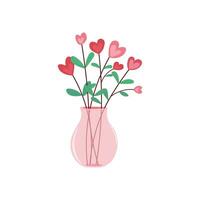 Heart shape flowers in a vase flat vector illustration isolated on white background. Element for Valentine's day concept. Doodles clip art in cartoon style. Happy Valentine's day.