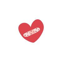 A cute heart with a adhesive bandage flat vector illustration isolated on white background. Element for Valentine's day concept. Doodles clip art in cartoon style. Happy Valentine's day.