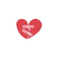 Broken heart healed with tape flat vector illustration isolated on white background. Element for Valentine's day concept. Doodles clip art in cartoon style. Happy Valentine's day.