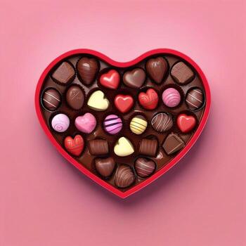 AI generated a 3d heart shaped box with chocolates on isolated pink background. generated with AI photo