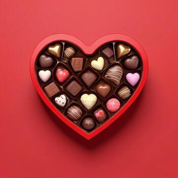 AI generated a 3d heart shaped box with chocolates on isolated red background. generated with AI photo