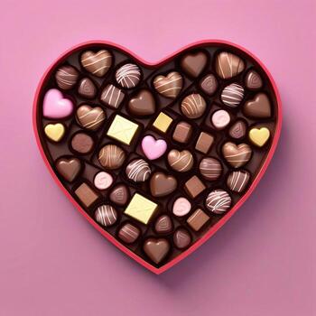 AI generated a 3d heart shaped box with chocolates on isolated pink background. generated with AI photo