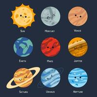 dibujos animados planetas con diferente nombres y caras vector