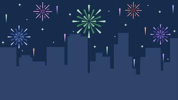 New year cityscape vector illustration. City silhouette with colorful sparkling fireworks in new year event. New year landscape for illustration, background or wallpaper. Urban firework festival