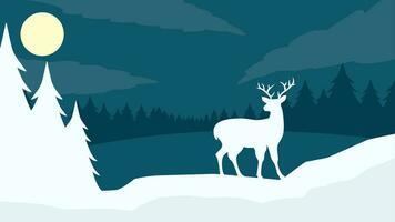 Winter wildlife landscape vector illustration. Silhouette of deer at pine forest in winter night. Cold season wildlife landscape for illustration, background or wallpaper