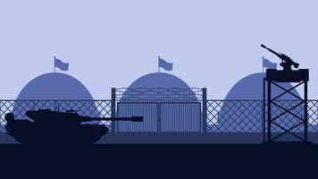 Military base landscape vector illustration. Silhouette of military base gate with tank and watchtower. Military landscape for background, wallpaper or illustration. Army training field illustration