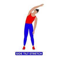 Vector Man Doing Side Tilt. Side Bending Stretch. Spinal Lateral Flexion. An Educational Illustration On A White Background.