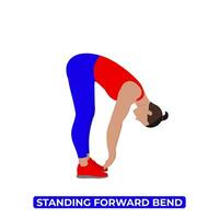 Vector Man Doing Standing Forward Bend. Spinal Flexion Back Stretch. Standing Head to Knee Pose. Uttanasana. An Educational Illustration On A White Background.