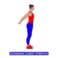 Vector Man Doing Standing Chest Stretch. Arms Backward Chest Stretch. An Educational Illustration On A White Background.