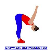 Vector Man Doing Standing Forward Bend Hands Behind. Spinal Flexion Back Stretch. Chest Opener. An Educational Illustration On A White Background.