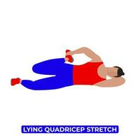 Vector Man Doing Side Lying Quadricep Stretch. An Educational Illustration On A White Background.