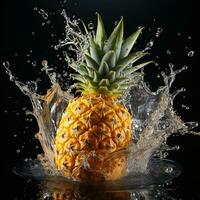 AI generated pineapple fell into the water with splashes black background photo