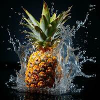 AI generated pineapple fell into the water with splashes black background photo