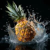 AI generated pineapple fell into the water with splashes black background photo