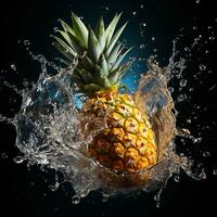 AI generated pineapple fell into the water with splashes black background photo