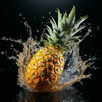 AI generated pineapple fell into the water with splashes black background photo