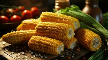 AI generated close up photo of corn on wooden table