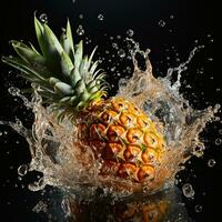 AI generated pineapple fell into the water with splashes black background photo