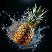 AI generated pineapple fell into the water with splashes black background photo