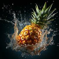 AI generated pineapple fell into the water with splashes black background photo