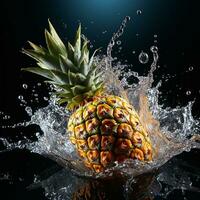 AI generated pineapple fell into the water with splashes black background photo