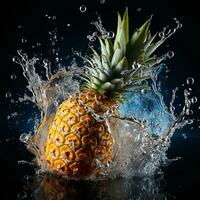 AI generated pineapple fell into the water with splashes black background photo