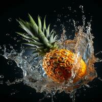 AI generated pineapple fell into the water with splashes black background photo