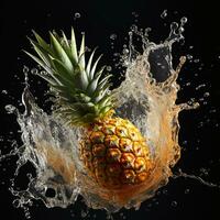 AI generated pineapple fell into the water with splashes black background photo