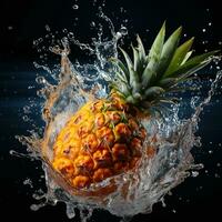 AI generated pineapple fell into the water with splashes black background photo