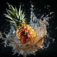 AI generated pineapple fell into the water with splashes black background photo