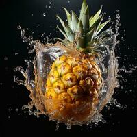 AI generated pineapple fell into the water with splashes black background photo