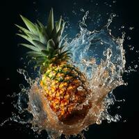 AI generated pineapple fell into the water with splashes black background photo