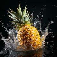 AI generated pineapple fell into the water with splashes black background photo