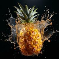 AI generated pineapple fell into the water with splashes black background photo