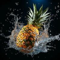 AI generated pineapple fell into the water with splashes black background photo