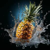 AI generated pineapple fell into the water with splashes black background photo