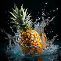 AI generated pineapple fell into the water with splashes black background photo