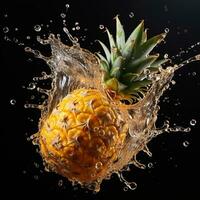 AI generated pineapple fell into the water with splashes black background photo