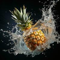 AI generated pineapple fell into the water with splashes black background photo