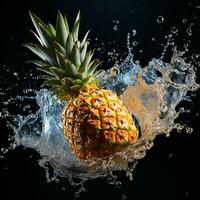 AI generated pineapple fell into the water with splashes black background photo