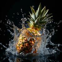 AI generated pineapple fell into the water with splashes black background photo