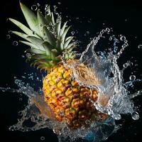 AI generated pineapple fell into the water with splashes black background photo