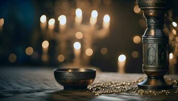 AI generated a wish lamp on a table against a background of blurred light, a lantern, an Arabic fairy tale bokeh photo