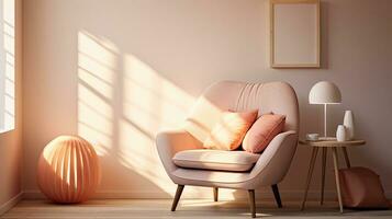 AI generated Living room interior design with Scandinavian furniture in peach colors and minimalist style photo